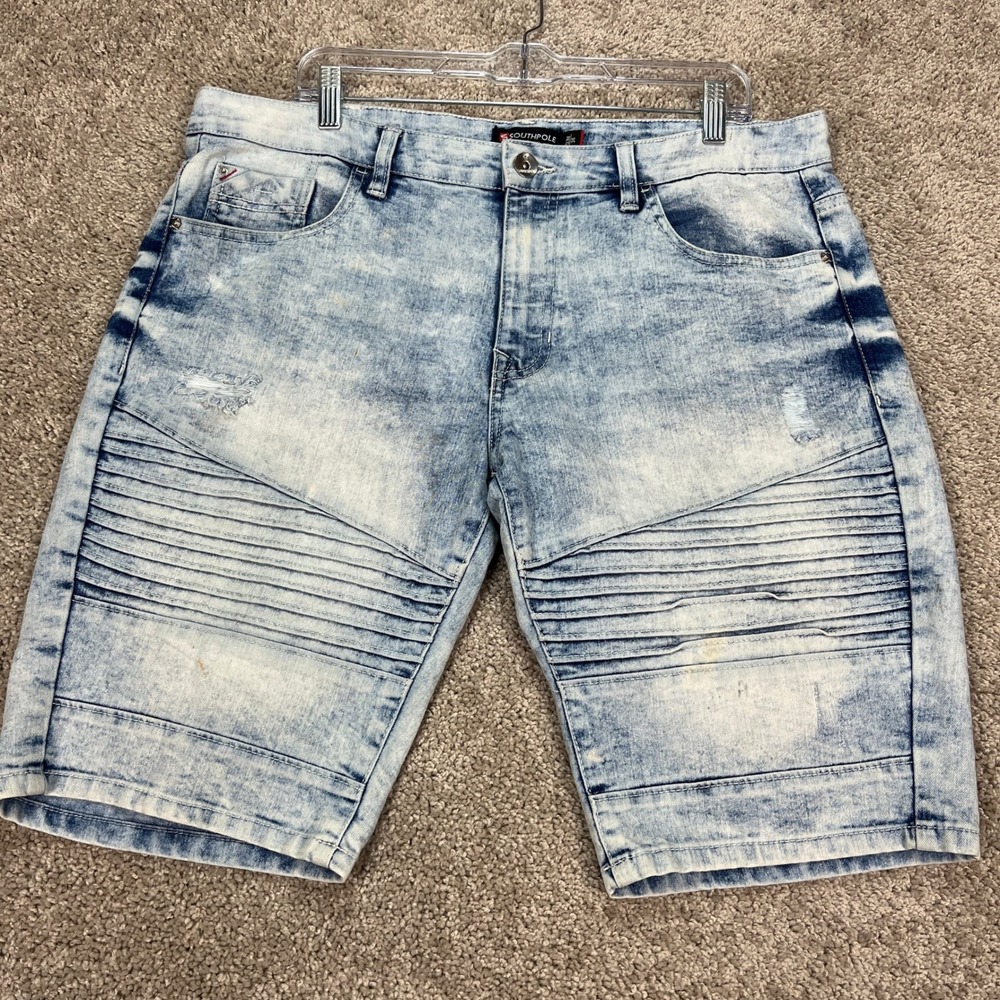 Southpole Mens Slim 34 Denim Shorts Blue Acid Wash Distressed Moto Casual‎